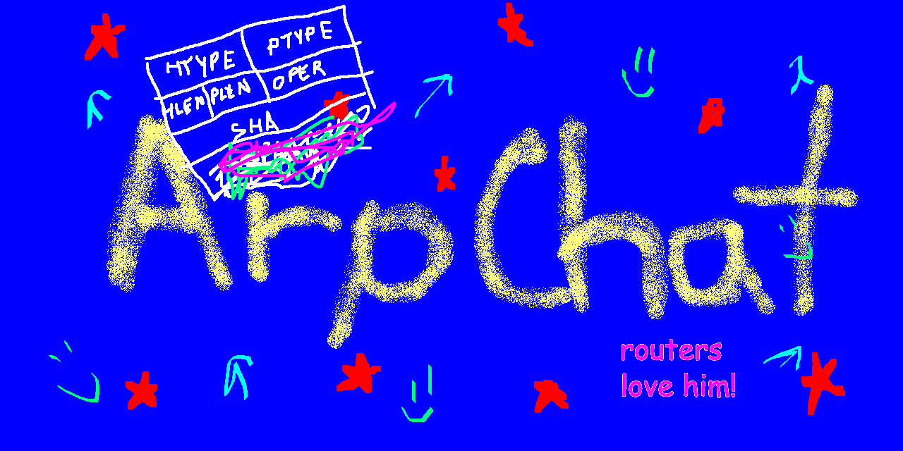 ArpChat's banner image, drawn in a crass cartoonish style. In the center is large text saying ArpChat, and in the bottom right is text set in Comic Sans reading "routers love him!" In the top left is a scrawled ARP packet diagram.