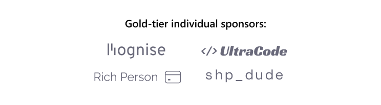 A header saying gold-tier individual sponsors. Below it is a grid of four equally sized logos with the same colors. The first is mine, the second says UltraCode, the third says Rich Person with a credit card icon, and the last says shp_dude.