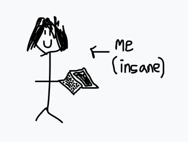 A scrawled drawing of someone with long hair holding a computer labeled "me, insane."