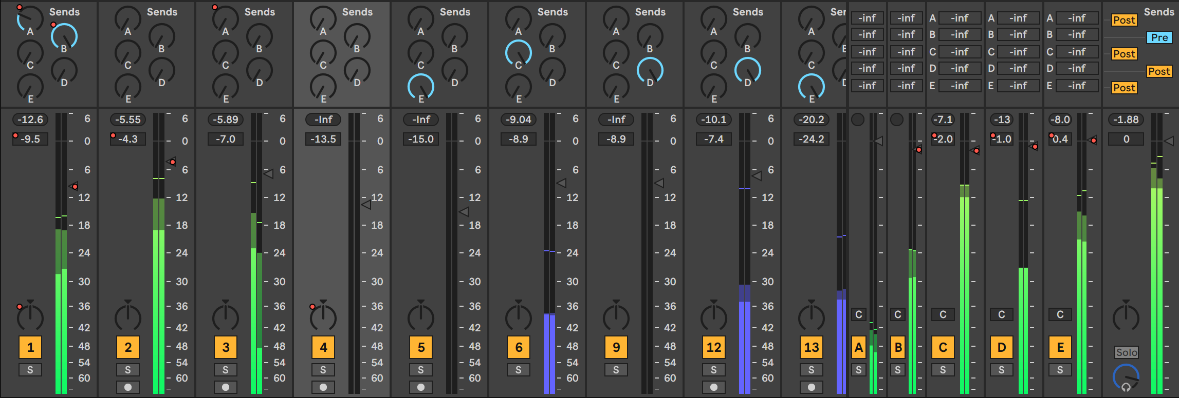 A screenshot of an Ableton Live mixing view showing tracks playing audio.