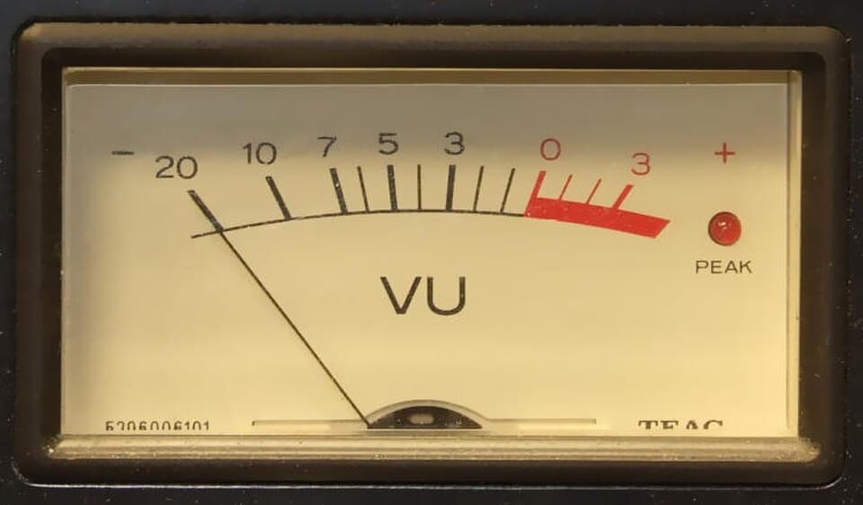 A classic analog VU meter.