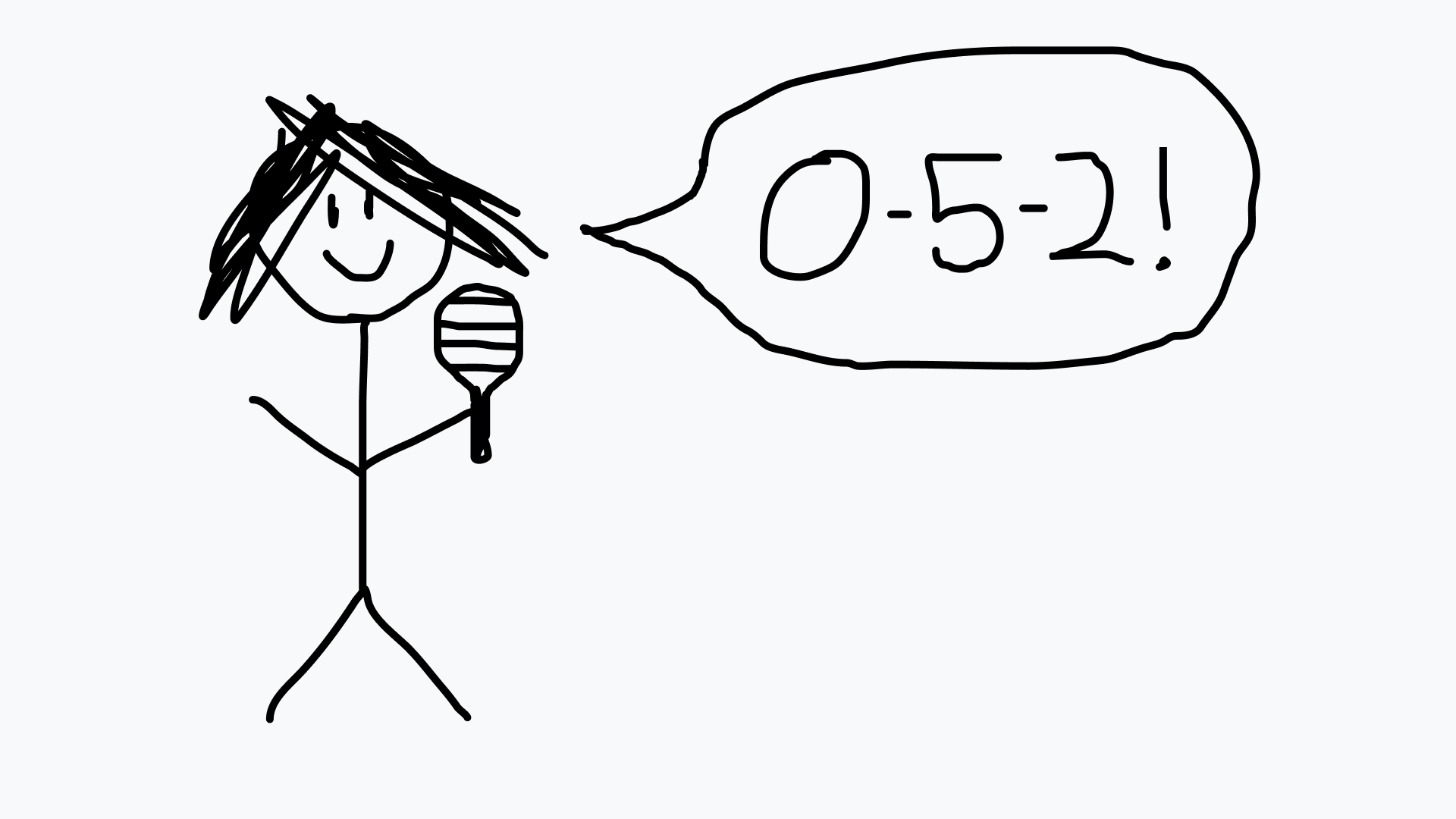 A scrawled drawing of a woman holding a pickleball paddle shouting "0-5-2!"